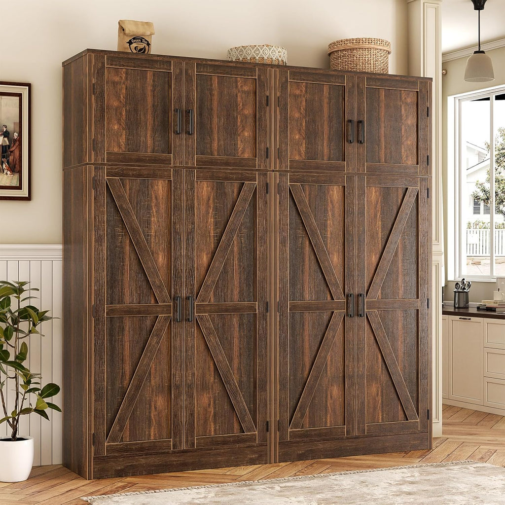 Unikito 71” Kitchen Pantry Storage Cabinet with Adjustable Shelves, 2 Pack | Large Farmhouse Storage Cupboard, Barn Doors, Sturdy and Deep, Versatile for Dinning Room, Living Room, Weathered Brown