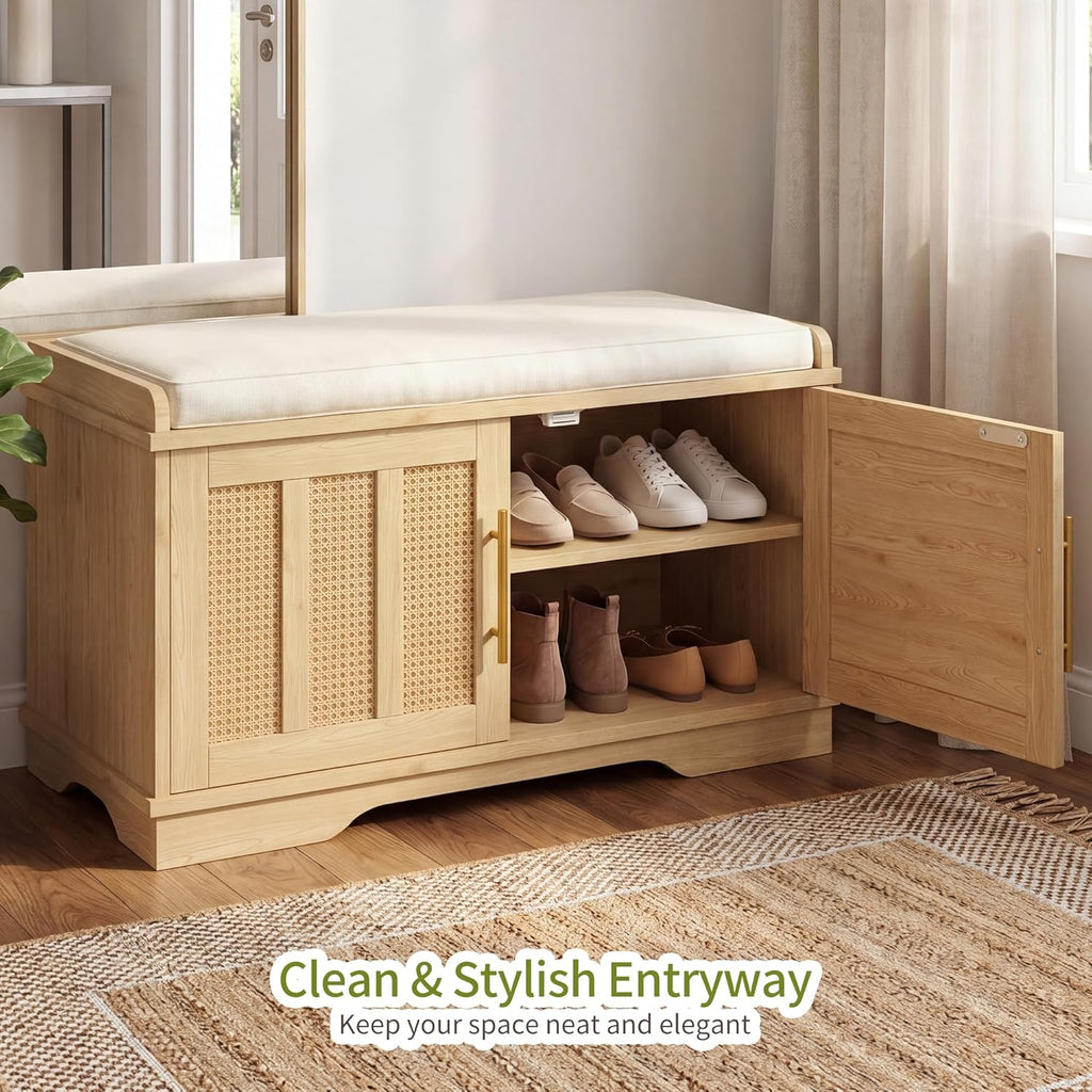 Heybly Shoe Cabinet with Bench, Rattan Entryway Storage Bench with Cushion, Shoe Storage Bench Cabinet with 2 Doors, Adjustable Shelves, Wooden Shoe Bench 31.5" for Living Room Bedroom Hallway HSB001N