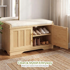 Heybly Shoe Cabinet with Bench, Rattan Entryway Storage Bench with Cushion, Shoe Storage Bench Cabinet with 2 Doors, Adjustable Shelves, Wooden Shoe Bench 31.5" for Living Room Bedroom Hallway HSB001N