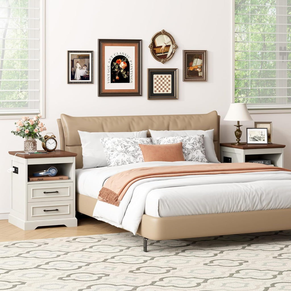 Gadroad 18" Farmhouse Accent Nightstand with Charging Station, End Table with 3 Drawers Storage, Side Table, Bedside Cabinet for LivingRoom Bedroom Office, Brown