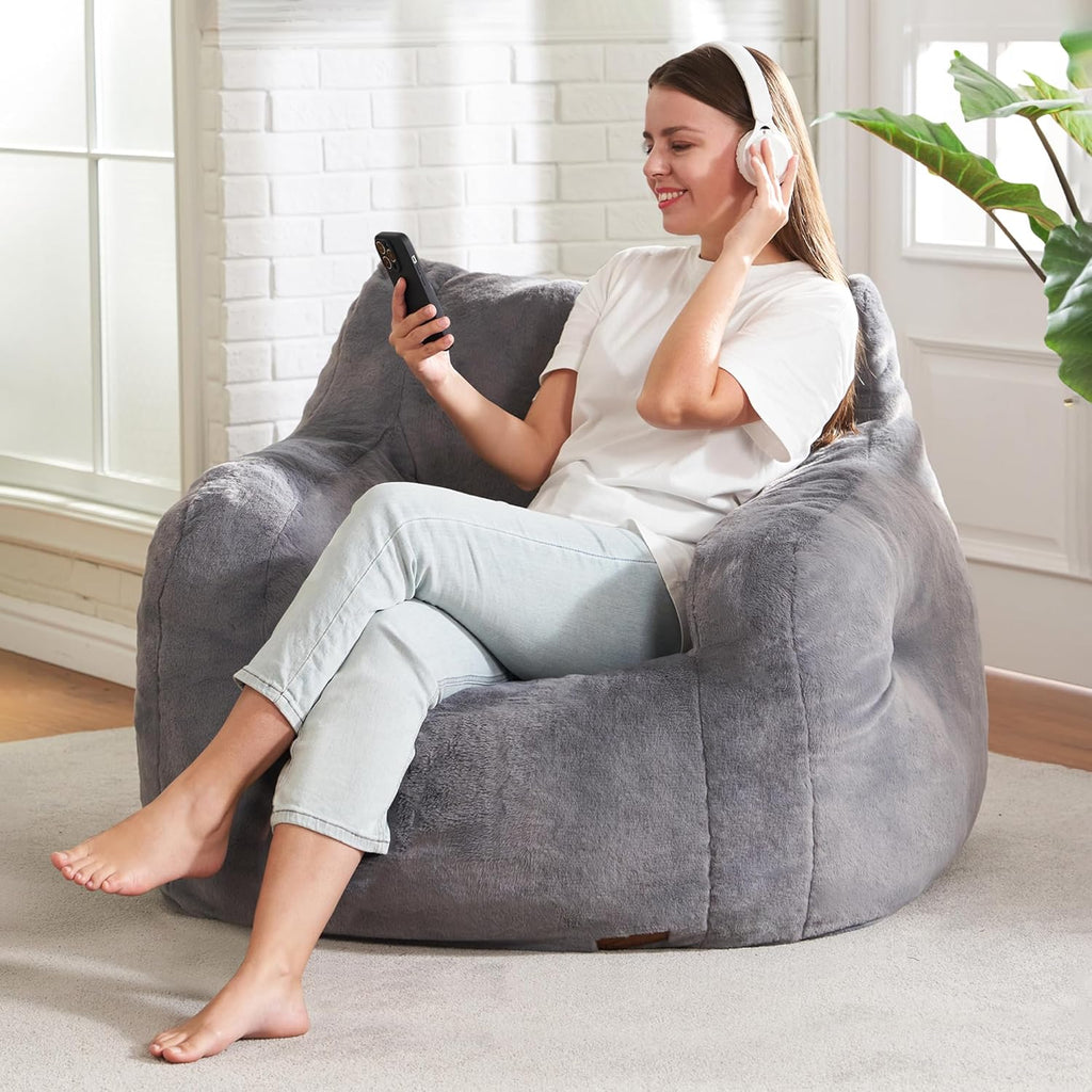 Hobestluk Furry Bean Bag Chair with Arms, Foam Filler for Adult, Grey | Soft Faux Fur Cover, High-Density Resilient Foam, Wide Backrest & Arm-rest, Carrying Handle, Fits Small Spaces, No Assembly