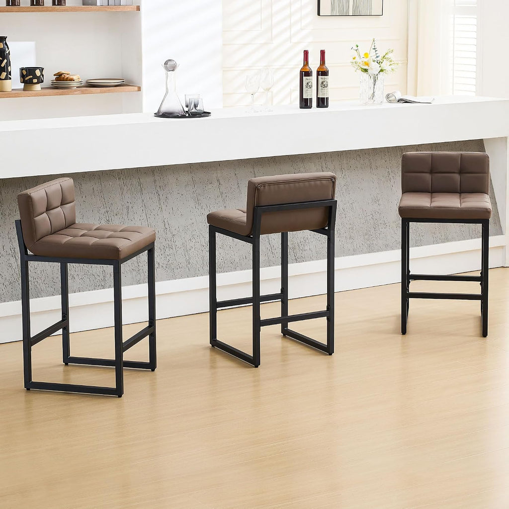 FIRAVOE Bar Stools Set of 3, Upholstered PU Leather Counter Height Barstools with Low Back and Thickened Metal Legs, Modern Chairs for Kitchen Island, Bar (Coffee Brown, 3Pcs 26" Counter Stools)