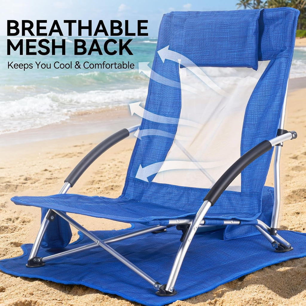 Huskfirm Low Beach Chairs 2 Pack, Lightweight Backpack Beach Chairs for Adults, Folding Aluminum Beach Chair with Cup Holder & Carry Bag, Heavy Duty Beach Chair Set for Beach, Camping, Concerts, Blue