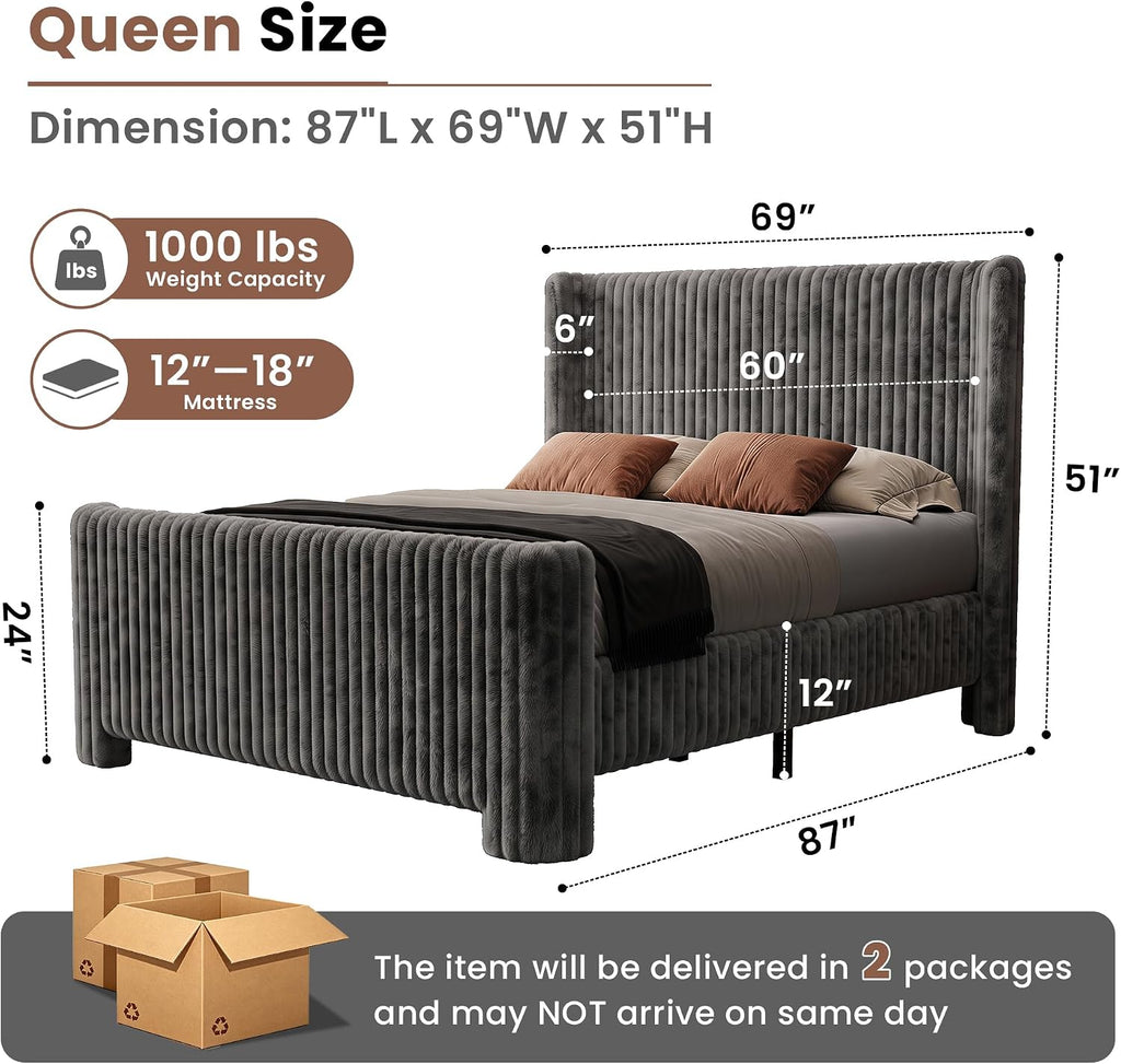 Queen Bed Frame with Faux Fur Upholstered Curved Wingback Headboard & Footboard, Platform Bed with Removable Washable Cover & Wood Slats, Noise-Free, No Box Spring Needed, Easy Assembly, Grey