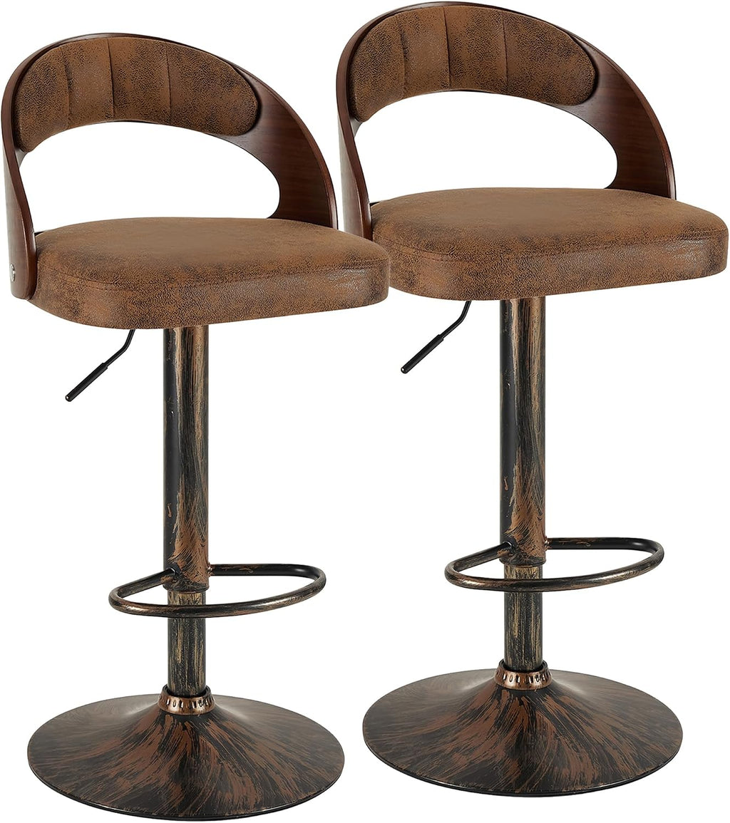 VECELO Bar Stool Set of 2,Kitchen Island Stools with Bentwood Back,Arm&Footrest,360°Swivel Counter Height Stools,PU Leather Cushion Seat Adjustable Height for Club Pub&Kitchen,Dark Brown