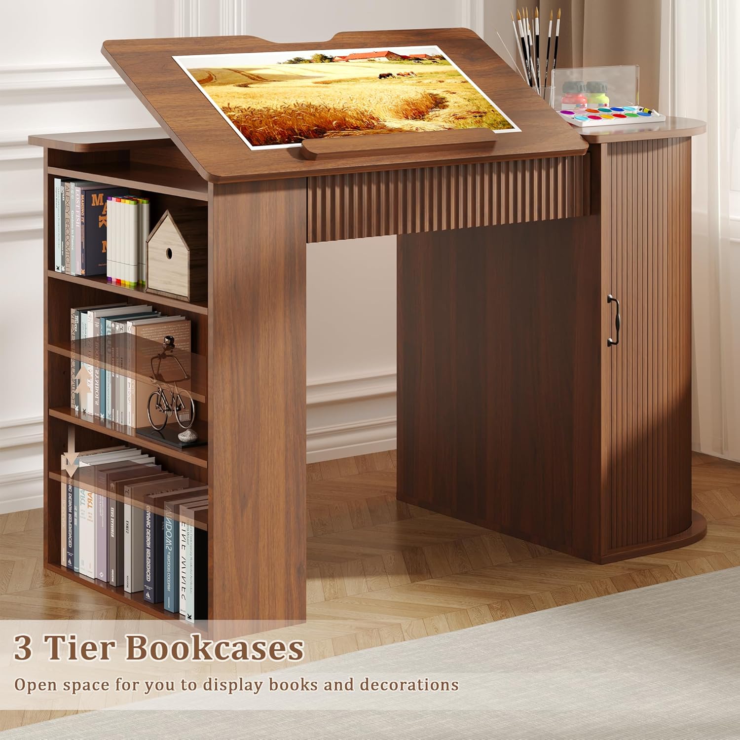 Drafting Table with Storage Cabinet & Drawers, Crafting Table with Open Shelves, Fluted Drawing Desk Computer Desk for Artists, Painters, Drawing, Crafting, Reading, Writing, Working