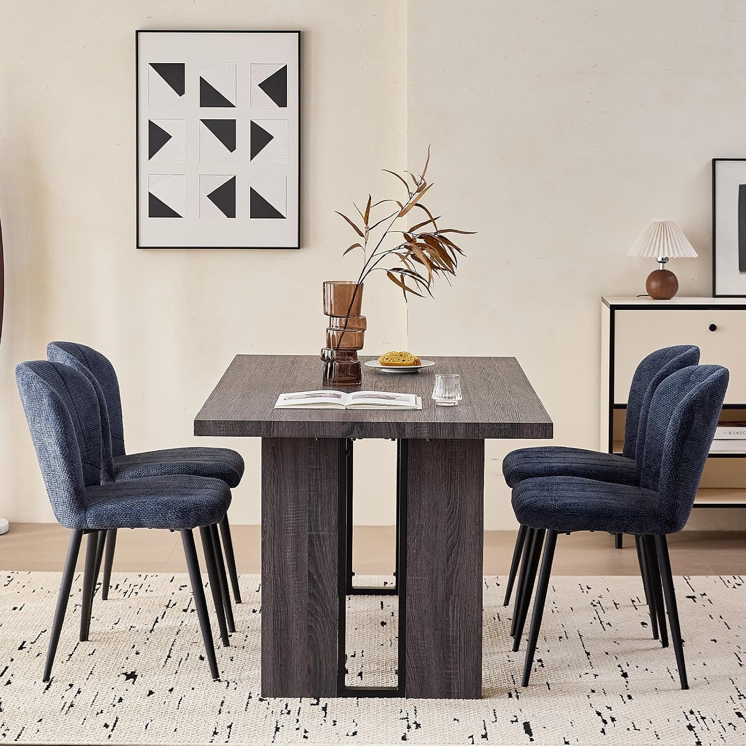 Dining Chairs Set of 4, Upholstered Chenille Fabric Kitchen Chairs with Wingback and Metal Legs, Elegant Tufted Accent Chair Vanity Chair for Dinner Bedroom Living Room, Blue