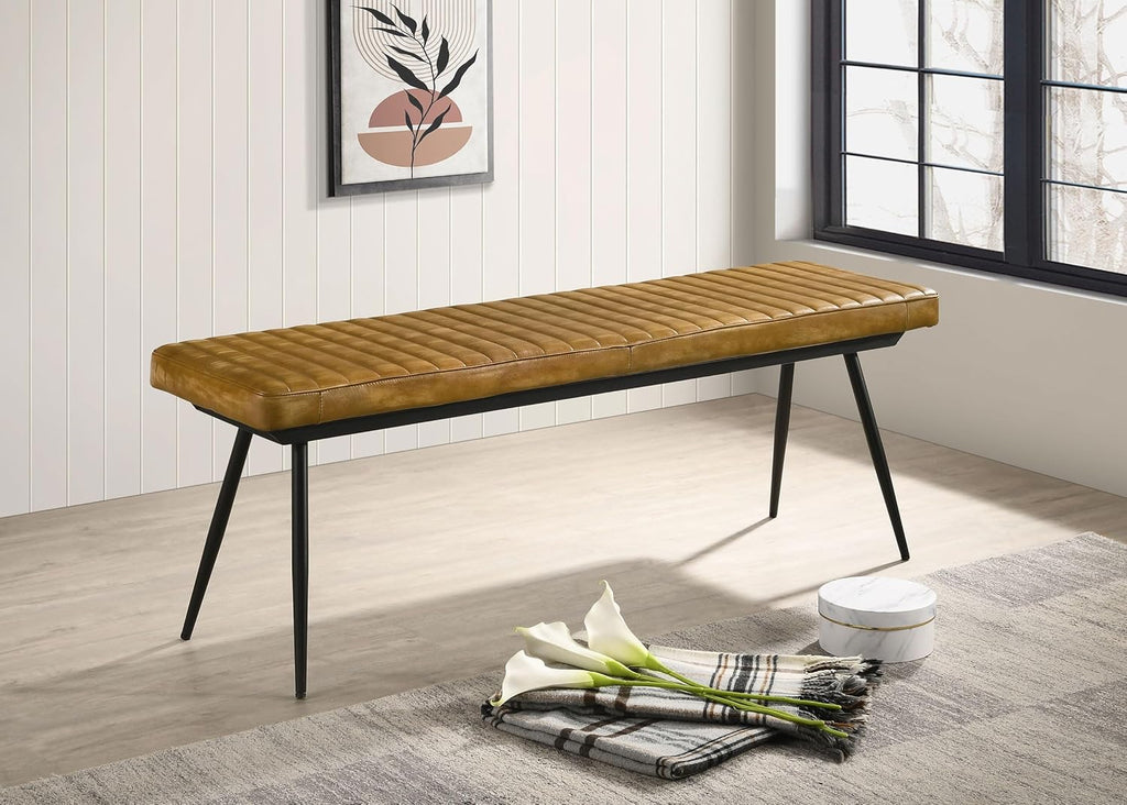 Pemberly Row Leather Upholstered Cushion Bench, 54"W x 15"D x 19"H, Camel Goat Leather, Black Metal Legs, Channel Tufted Design, Modern Farmhouse Style, Comfortable Seating for Dining Room or Bedroom