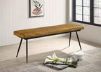 Pemberly Row Leather Upholstered Cushion Bench, 54"W x 15"D x 19"H, Camel Goat Leather, Black Metal Legs, Channel Tufted Design, Modern Farmhouse Style, Comfortable Seating for Dining Room or Bedroom
