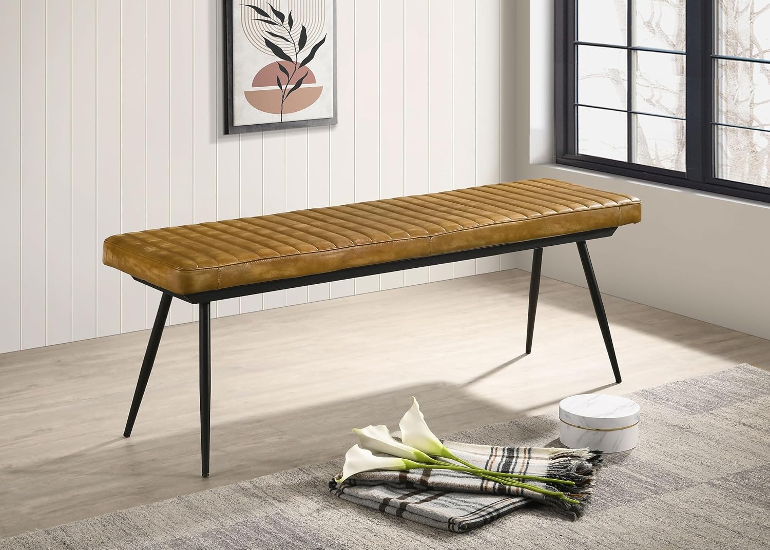 Pemberly Row Leather Upholstered Cushion Bench, 54"W x 15"D x 19"H, Camel Goat Leather, Black Metal Legs, Channel Tufted Design, Modern Farmhouse Style, Comfortable Seating for Dining Room or Bedroom