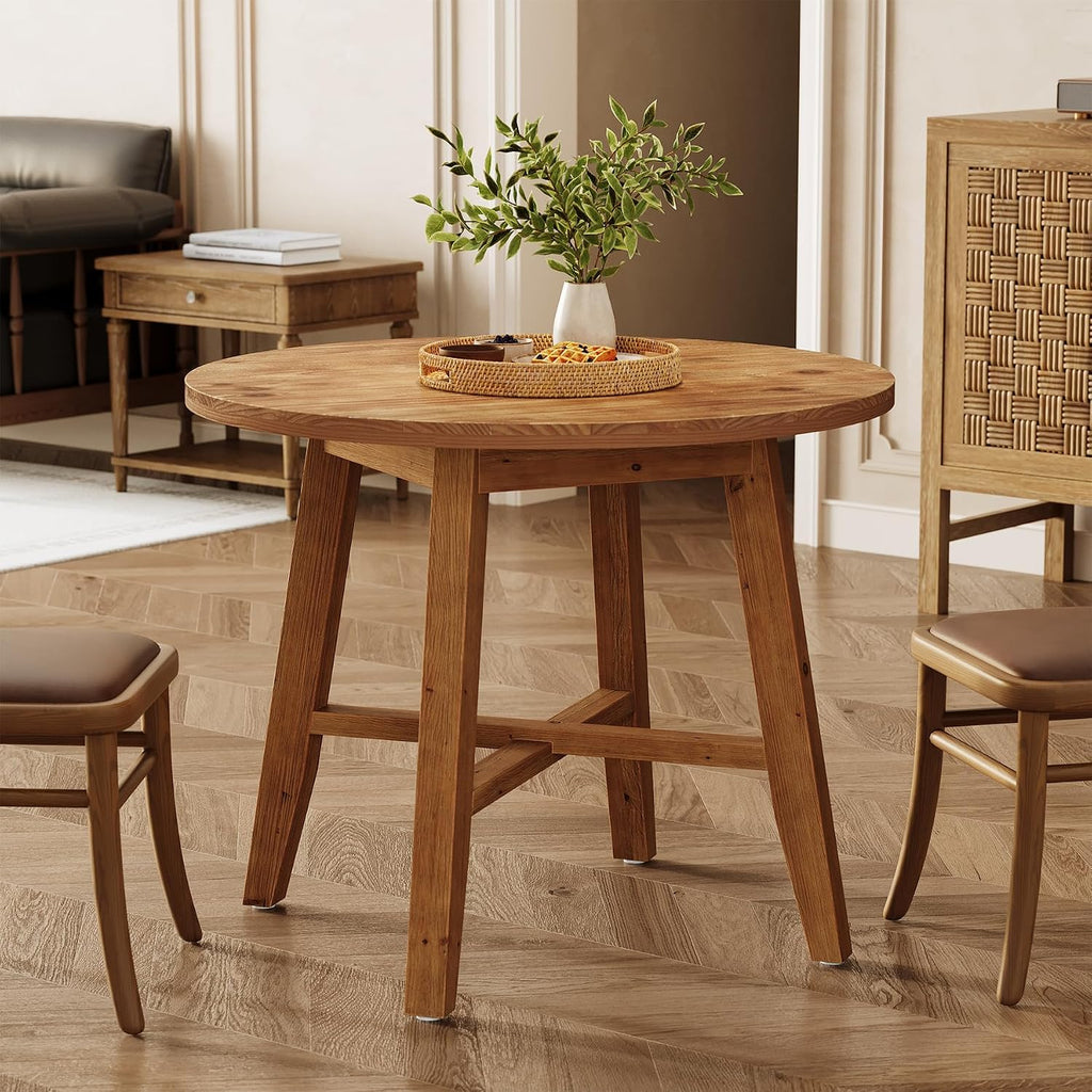 31.5-Inch Round Dining Table for 2-4, Solid Wood Farmhouse Kitchen Table for Living Room, Dining Room, Apartment (Brown)