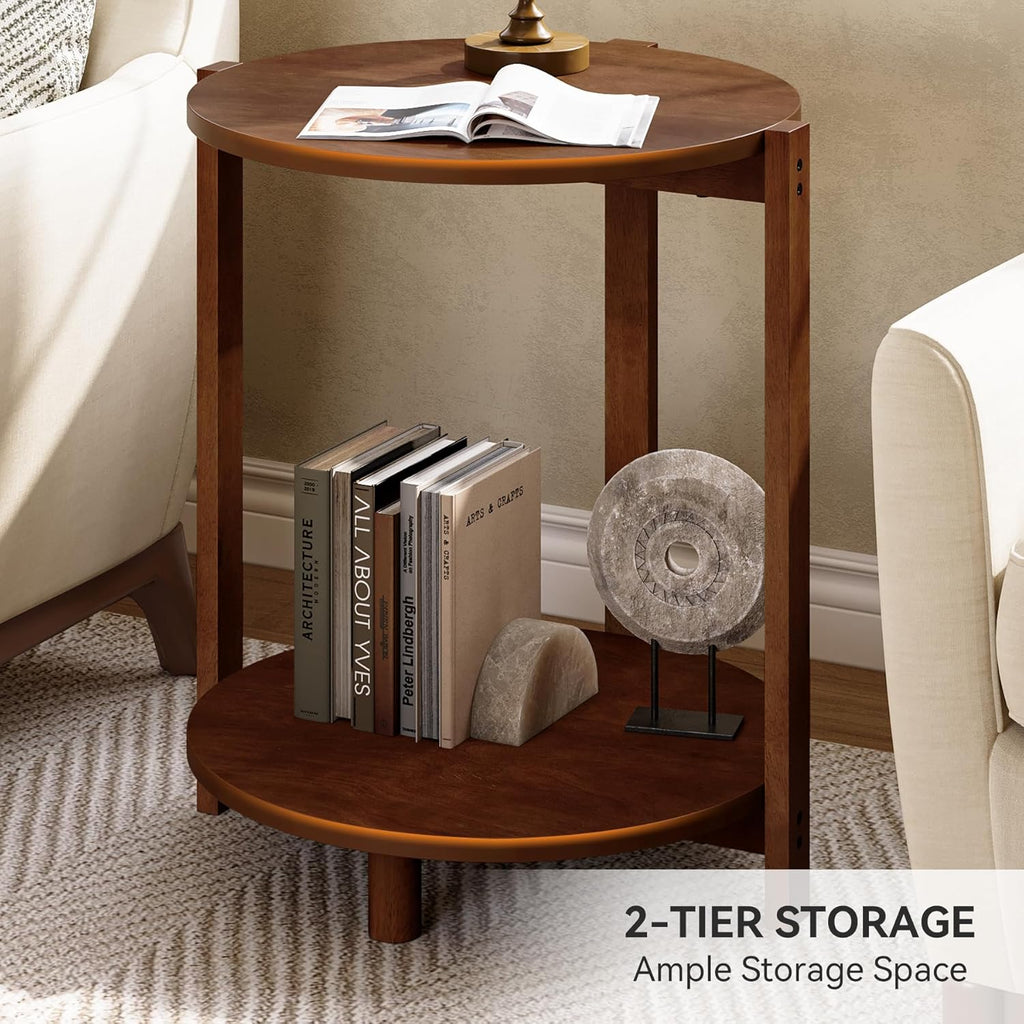 Solid Wood Side Table for Living Room, Small Round End Table with 2-Tier Storage, 19-Inch Wooden Circle Retro Nightstand, Accent Furniture for Small Spaces, Bedroom, Apartment, Brown