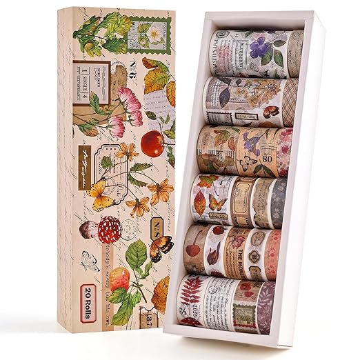 20 Rolls Vintage Washi Tape Set, Floral Letter Butterfly Mushroom Botanical Flower Writable Decorative Tapes for Scrapbooking , Junk Journal Supplies, Bullet Journaling 10-60mm Wide 6.56ft long/Roll