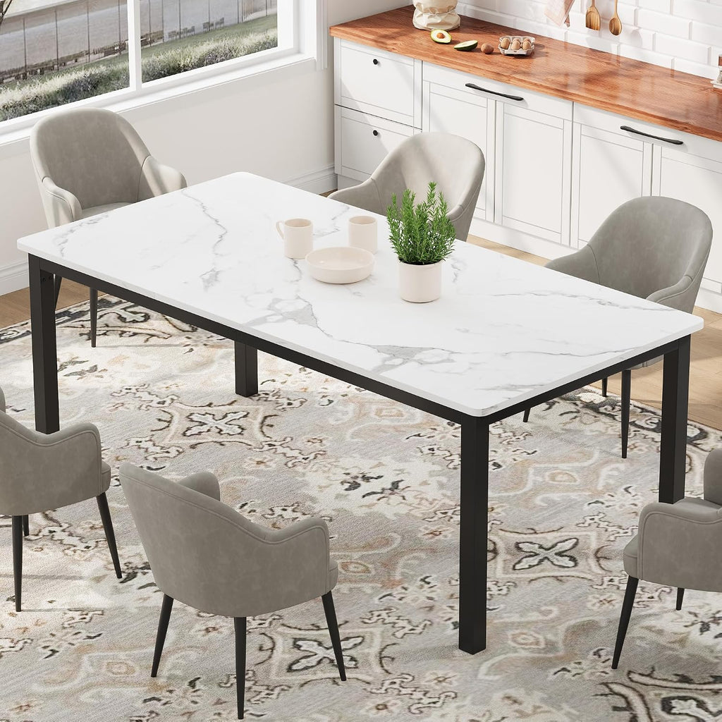79 Inch Industrial Dining Table, Large Rectangle Kitchen Table with Metal Legs, Round Corners, Wooden Conference Tables Writing Desk for Dining Room, Living Room, White Faux Marble