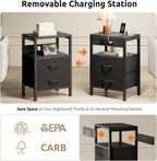 Lazzanto Night Stand with Charger Station for Bedroom, Black Nightstand | Bedside Table, Open Shelf, 2 Fabric Drawers, Built in USB-A, USB-C Port & AC Outlets, For Dorm, Living Room, Bedroom