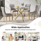 Round Glass Dining Table Set for 4, Small Kitchen Table Set for 4, 47" Circle Gold Glass Dinner Table for 4 with Grey Velvet Chairs, 5 Piece Dining Room Table Set for 4 for Breakfast Dinette Cafe
