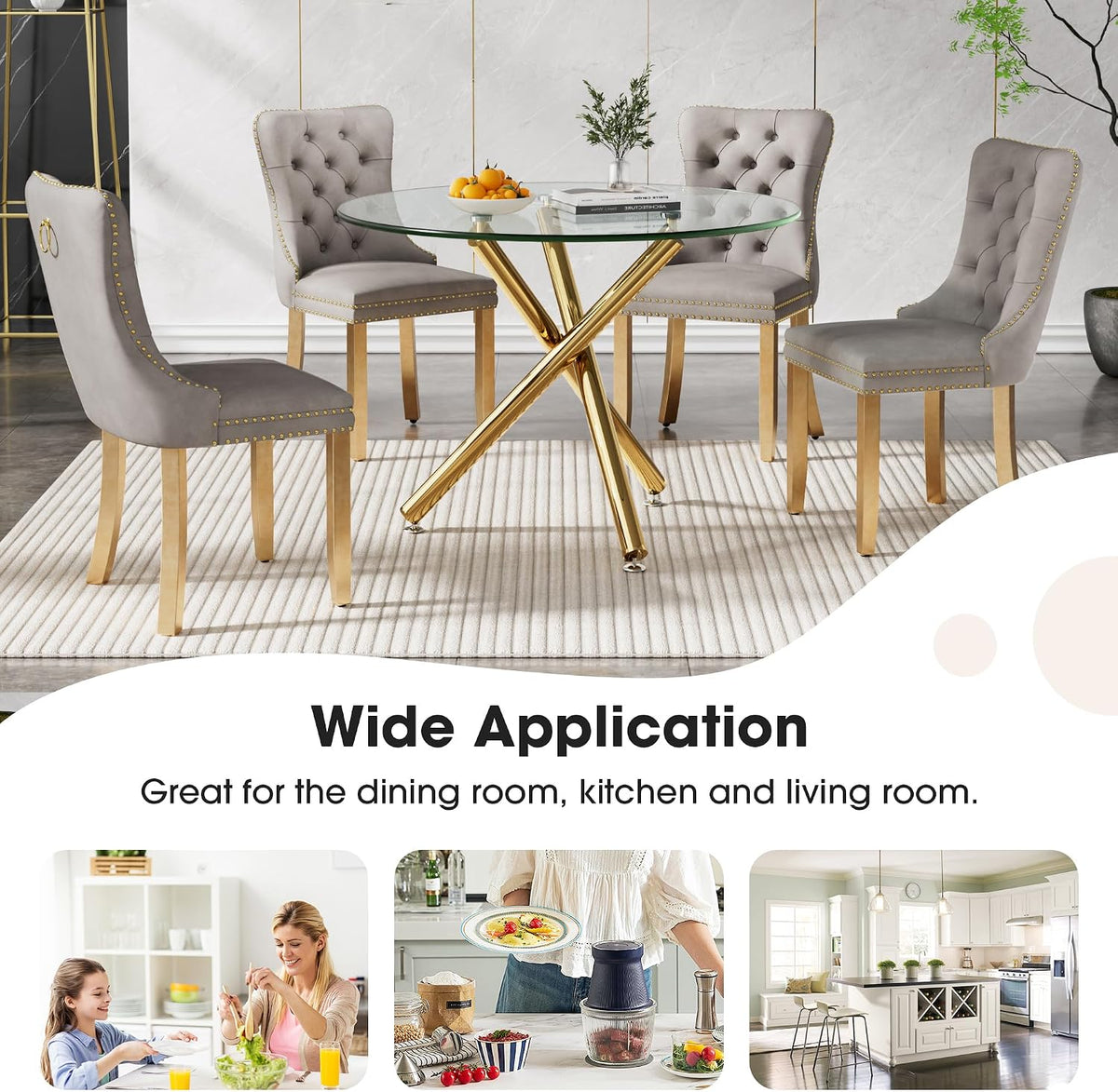 Round Glass Dining Table Set for 4, Small Kitchen Table Set for 4, 47" Circle Gold Glass Dinner Table for 4 with Grey Velvet Chairs, 5 Piece Dining Room Table Set for 4 for Breakfast Dinette Cafe