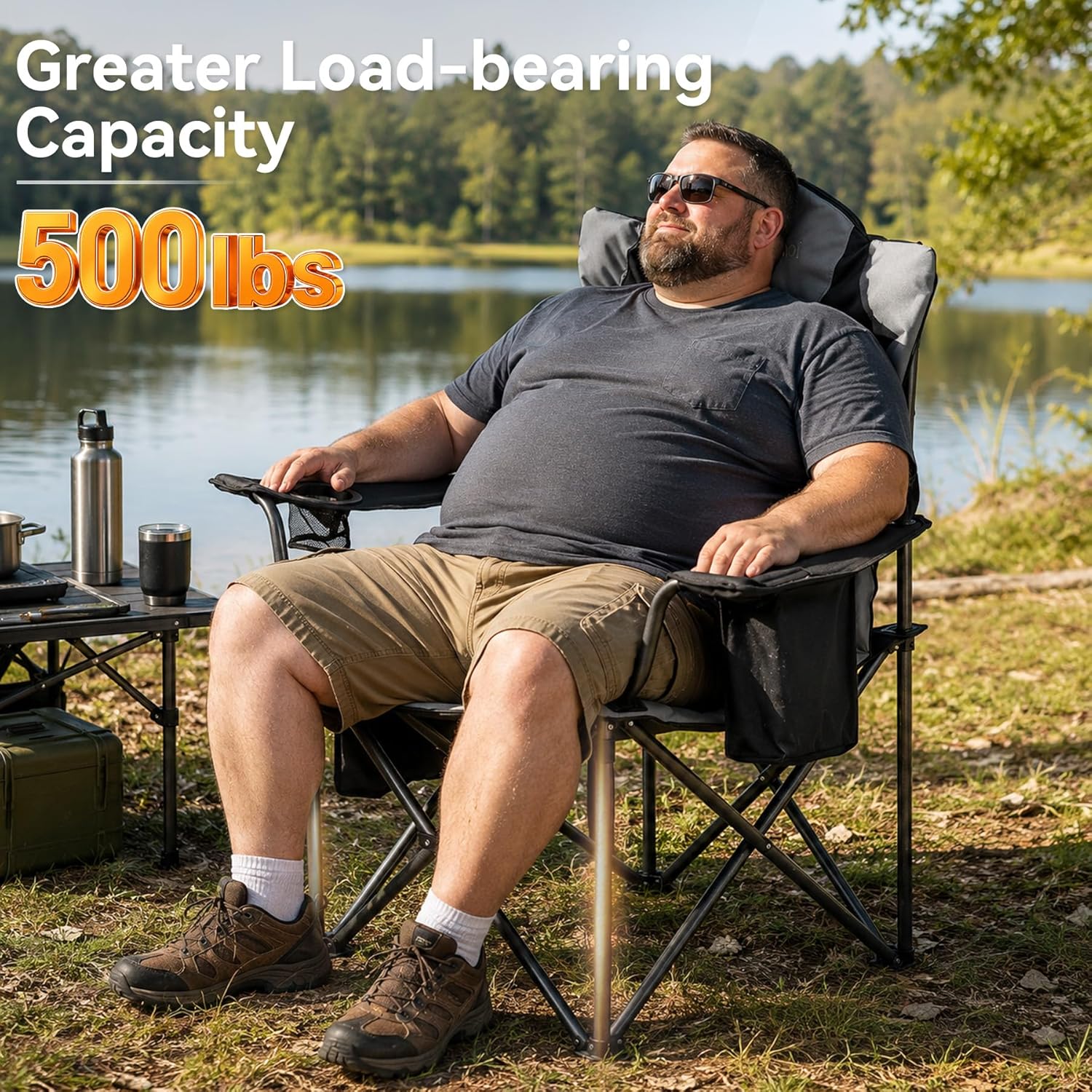 Aohanoi Camping Chairs for Heavy People,Folding Lawn Chairs for Outside Heavy Duty,Outdoor Oversized Chairs for Adult with Cup Holder and Large Cooler Bag,Beach Camp Chairs Supports up to 500lbs