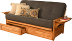 Kodiak Phoenix Wooden Futon Sofa Bed with Storage Drawers, Full Size Futon Couch Bed and Futon Frame and Linen Charcoal Mattress Included, Butternut