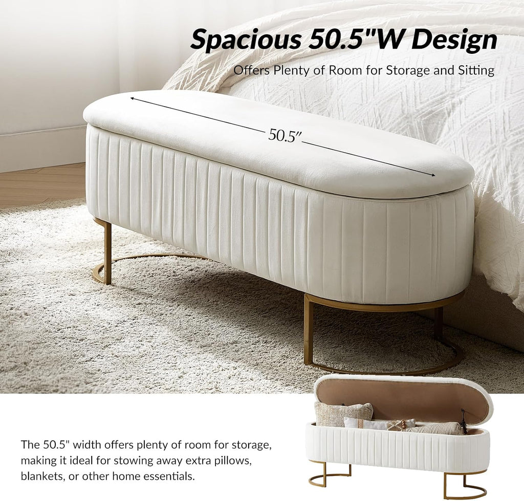 50.5” Velvet Storage Ottoman Bench with Gold-Toned Legs, Luxury Upholstered End of Bed Multi-Functional Footrest & Seat for Bedroom & Entryway