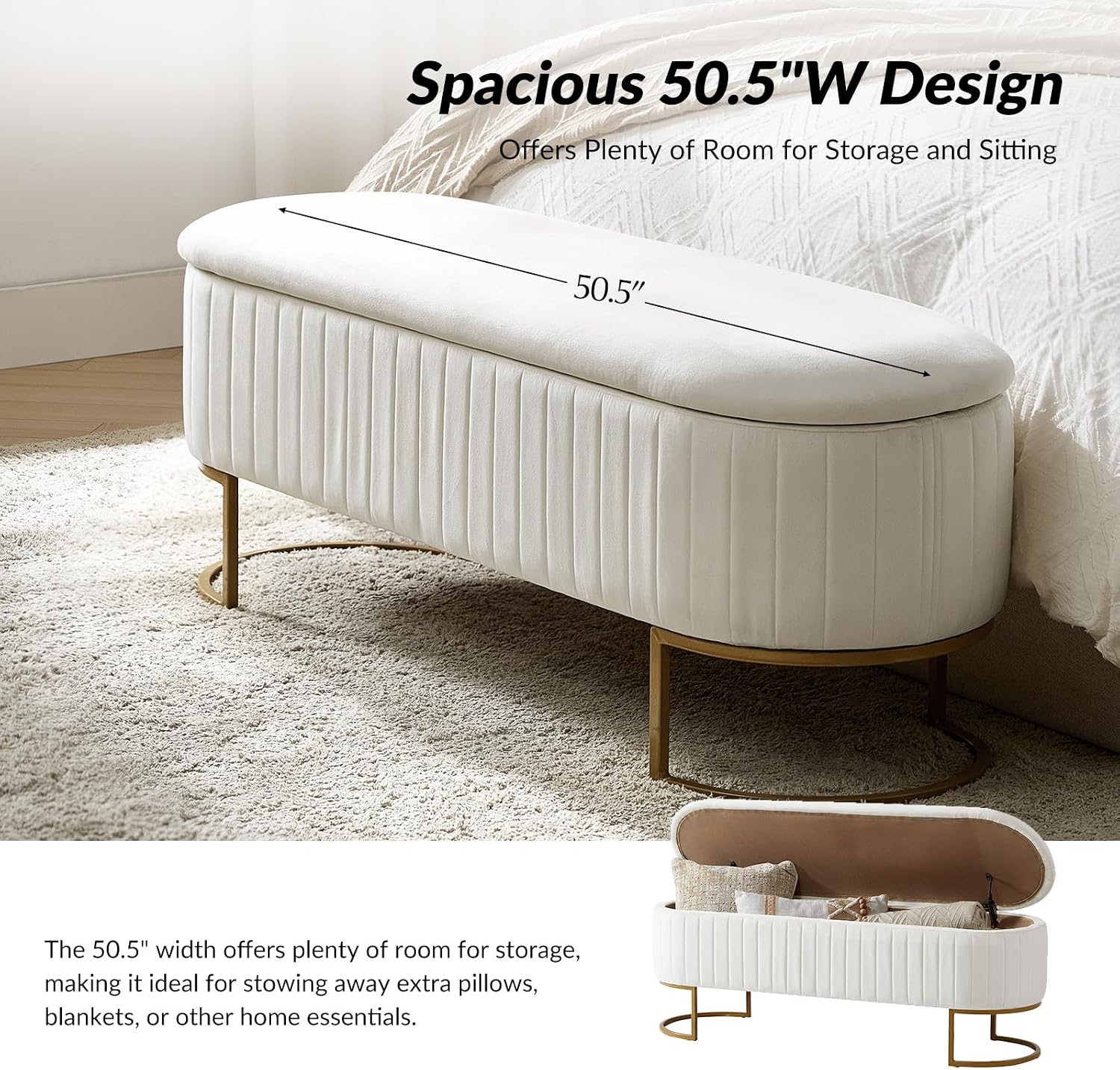 50.5” Velvet Storage Ottoman Bench with Gold-Toned Legs, Luxury Upholstered End of Bed Multi-Functional Footrest & Seat for Bedroom & Entryway
