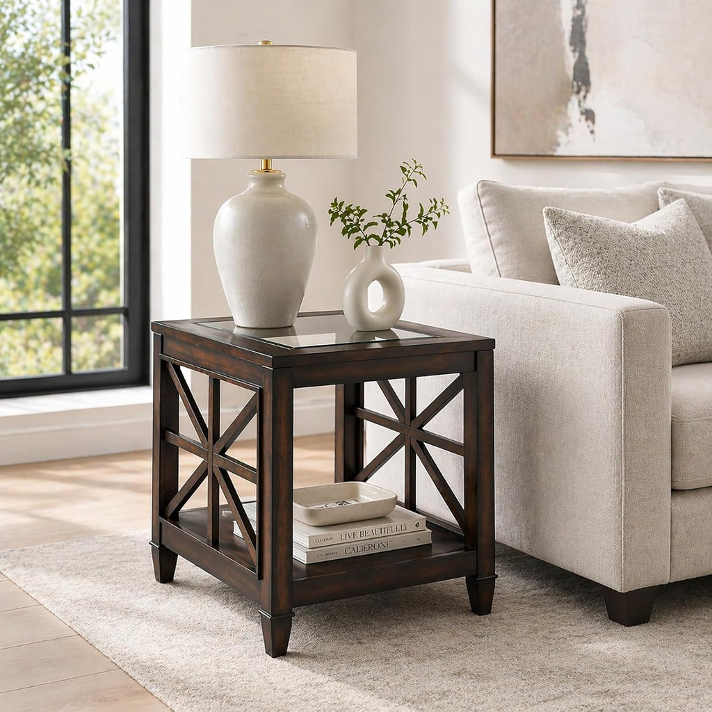 Set of 2 Large Solid Wood End Tables with Tempered Glass Top, 28" x 24" Farmhouse Side Tables, Vintage Walnut for Living Room, Bedroom, Office
