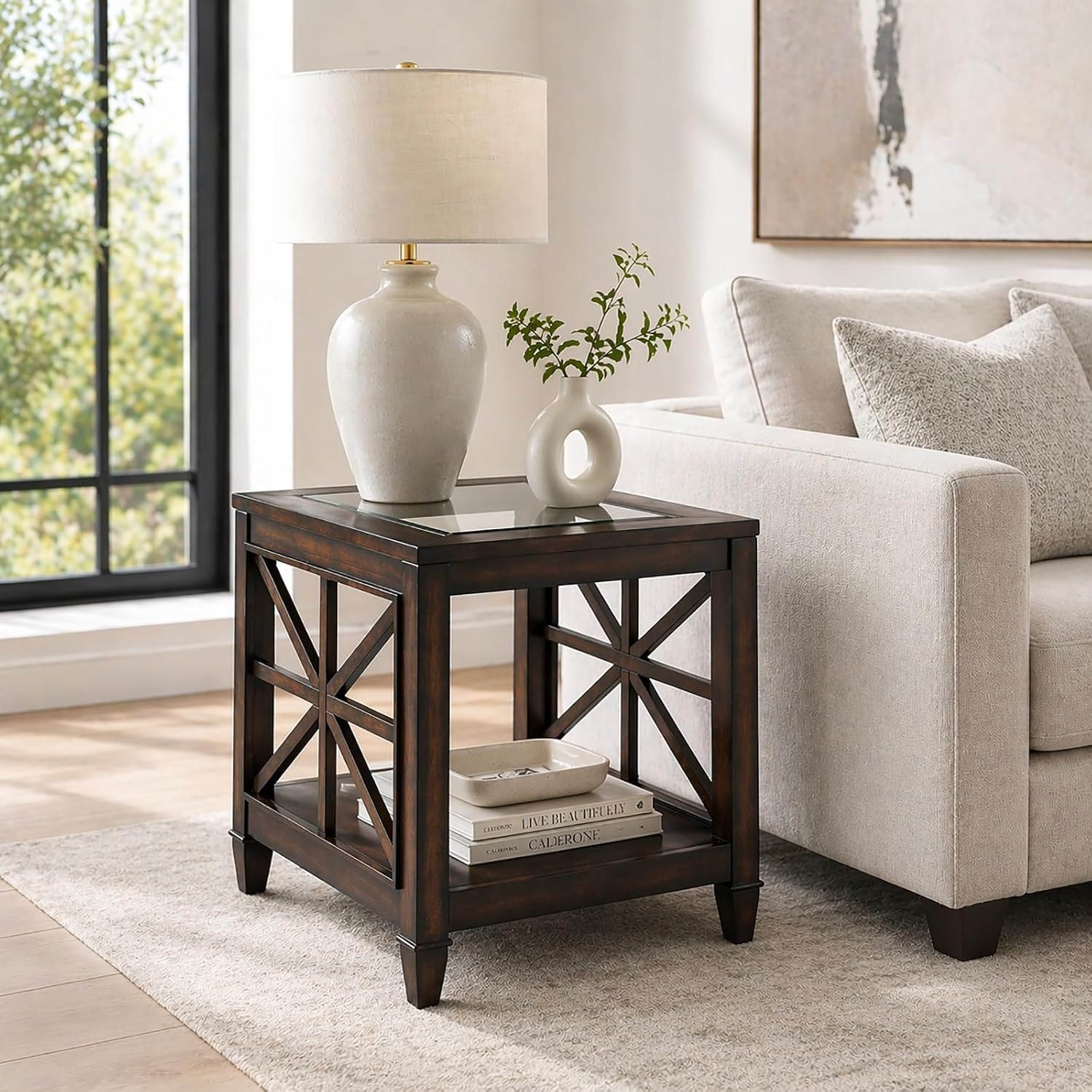 Set of 2 Large Solid Wood End Tables with Tempered Glass Top, 28" x 24" Farmhouse Side Tables, Vintage Walnut for Living Room, Bedroom, Office