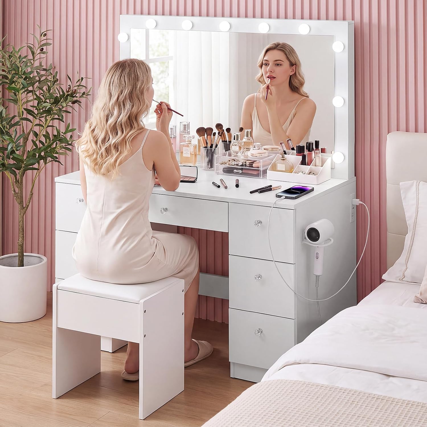 SweetGO 46" LED Lighted Makeup Vanity Desk, 7 Smooth-Glide Drawers, USB & AC Charging Station, Adjustable 3 Light Modes, Cushioned Stool Included, White