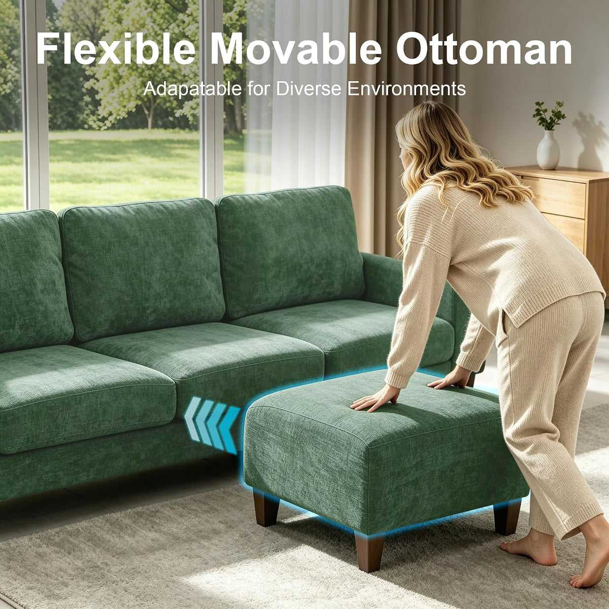 L Shaped Sectional Couch for Living Room, Modular Small Sofa with Ottoman | 96 Inch, 3 Deep Seats, Green, Chenille, Easy Tool-Free Assembly, Modern Compact Sofa Set for Apartment, Office, Small Space