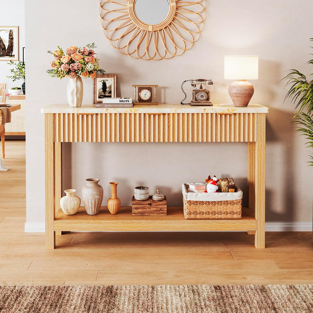 HUAHUU 47.2" Fluted Console Table with 3 Drawers, Long Sofa Table with Storage Behind Couch, Modern Entryway Table with Power Outlet & Open Storage for Entrance/Hallway/Foyer/Living Room, Oak