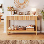 HUAHUU 47.2" Fluted Console Table with 3 Drawers, Long Sofa Table with Storage Behind Couch, Modern Entryway Table with Power Outlet & Open Storage for Entrance/Hallway/Foyer/Living Room, Oak