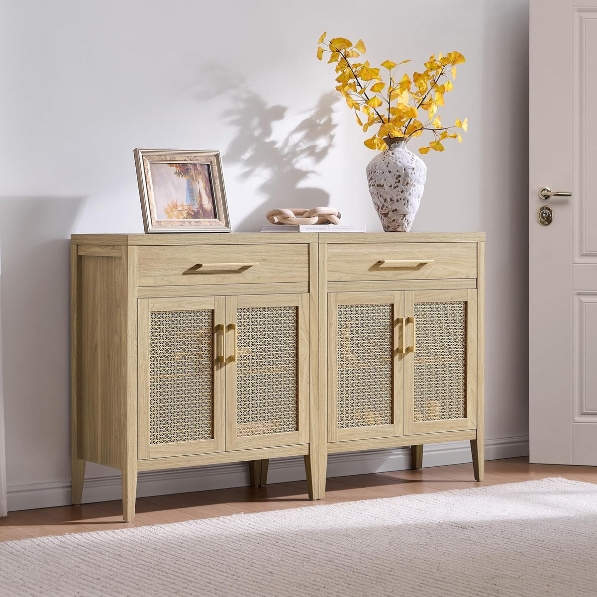 SICOTAS 30" Kitchen Sideboard Buffet Cabinet with Storage, Modern Farmhouse Coffee Bar Table with Adjustable Shelf & Gold Mesh Doors, Storage Cabinet with Drawer for Living Room Entryway, Light Walnut
