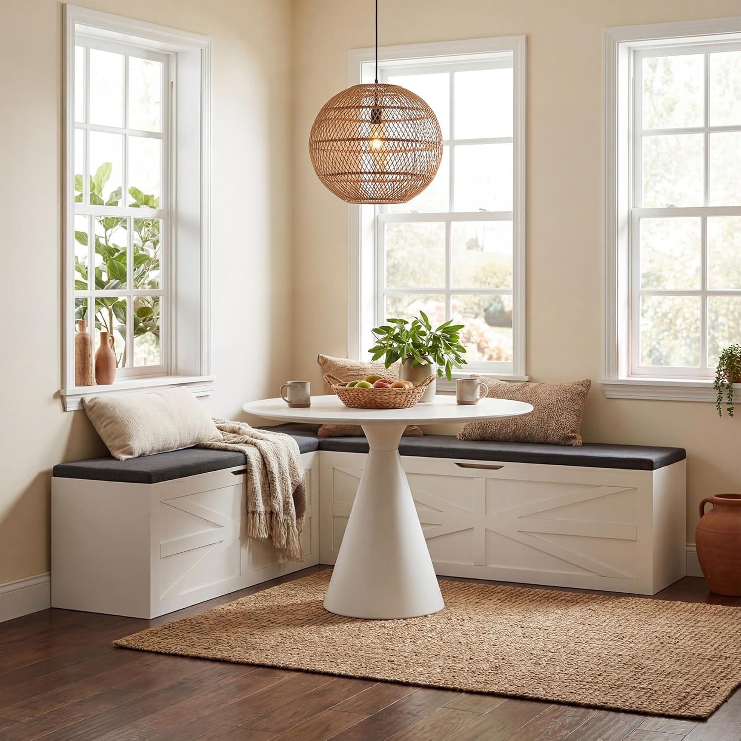 Apicizon L Shaped Storage Bench with Cushion, 63" Breakfast Nook Dining Bench with Hidden Storage, Kitchen Dining Corner Bench for Dining Room Entryway Living Room, Beige White+ Dark Gray