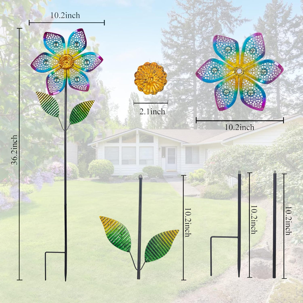 Wind Spinner with Metal Stake, Outdoor Garden Pinwheels Spinners Hollow-Out Flower Shape Design for Yard Lawn Patio Decor (2 Pack)