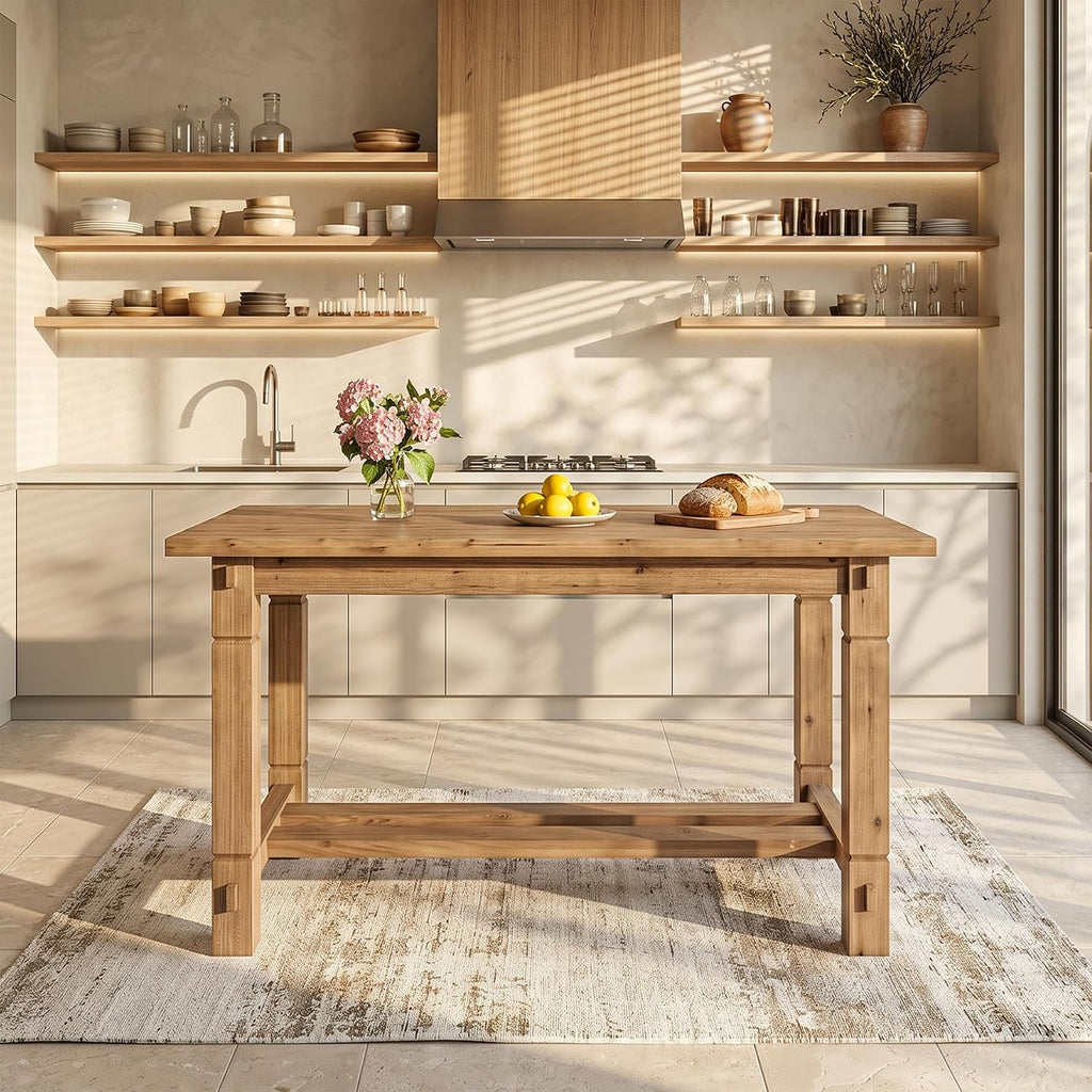 59.05" Solid Wood Home Kitchen Island with Spacious Tabletop | Counter Height Table, Sturdy Frame, Easy to Assemble, Farmhouse Style, Stationary Island for Home, Dining Room, Rustic Brown