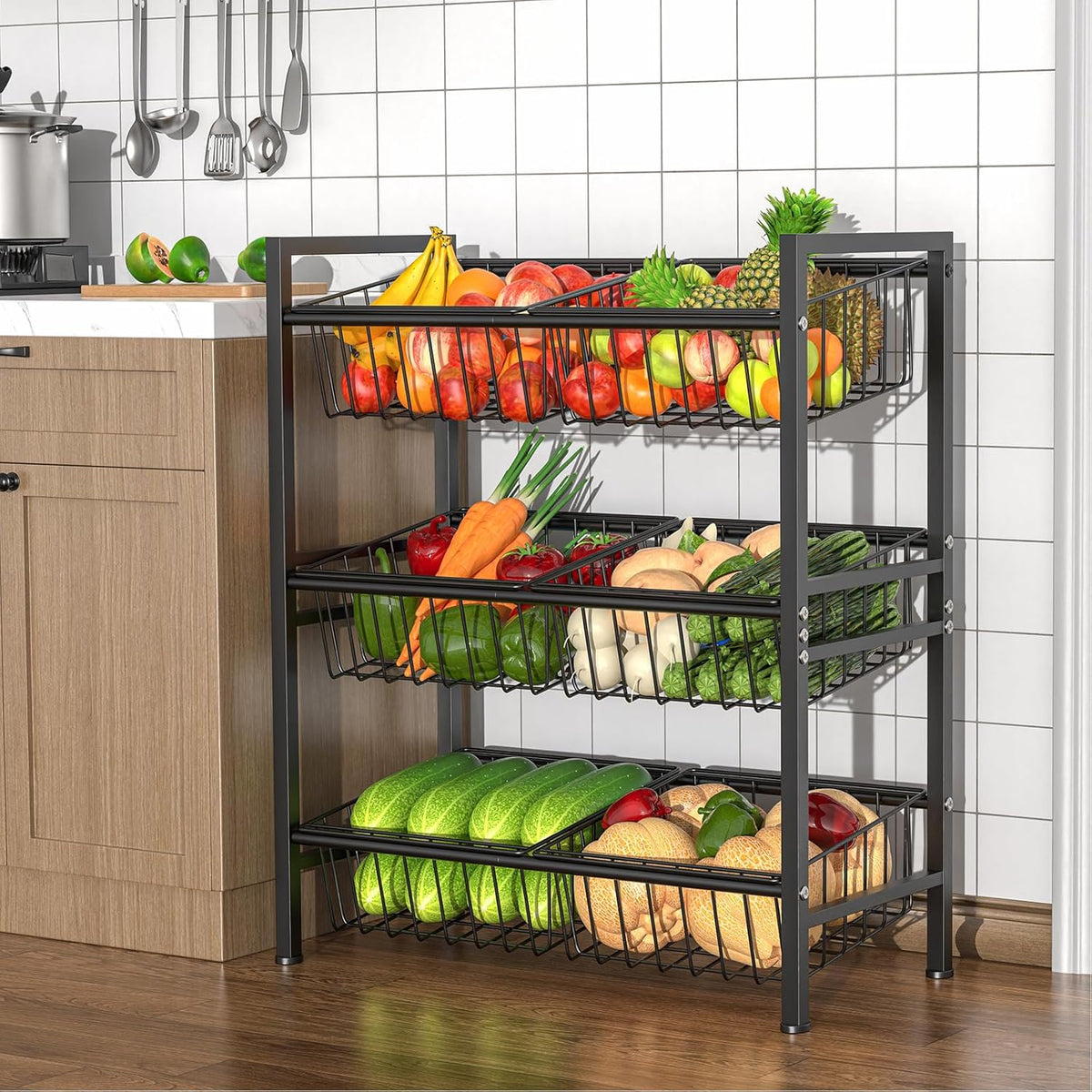 Hastatii Kitchen Storage Basket Shelf, Snack Basket Shelf, 3 Tier Fruit Vegetable Basket Stand, Metal Pantry Storage with 6 Stackable Wire Baskets, Black