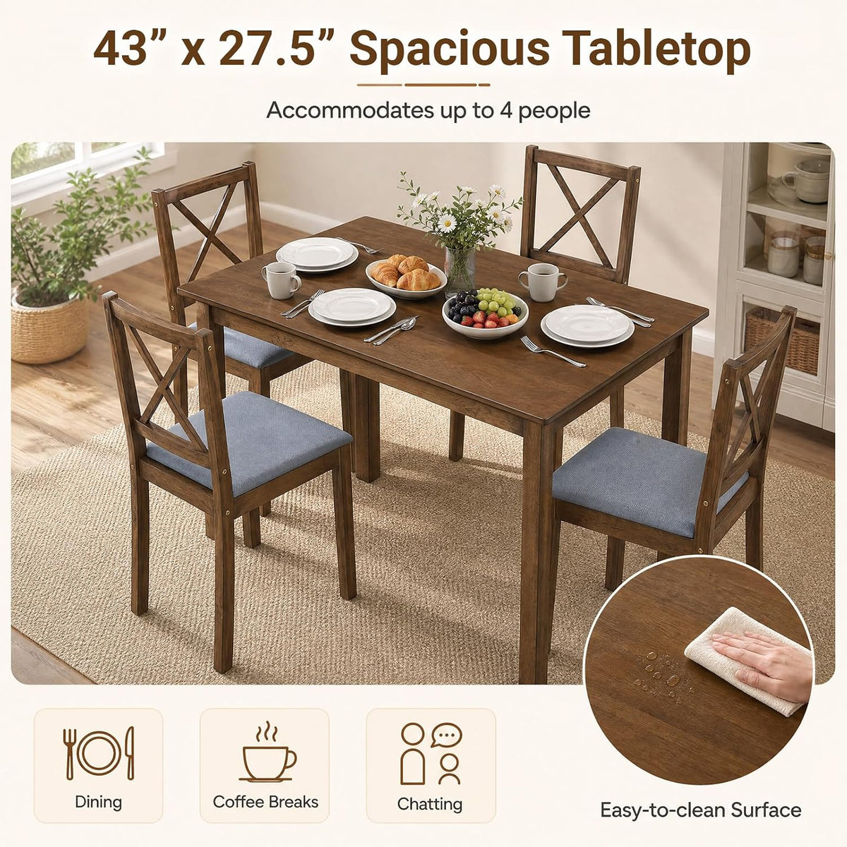 Giantex Dining Table Set for 4, Wood Kitchen Table with Upholstered Chairs | Farmhouse Space-Saving Dinette Set with X-Shaped Backrest for Small Space, Breakfast Nook, Dining Room