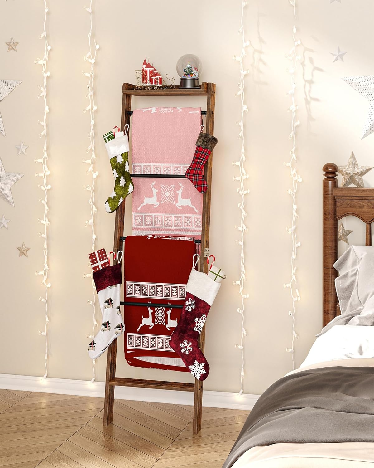 Hzuaneri Blanket Ladder Shelf, Decorative Quilt Rack, 6-Tier Farmhouse Ladder Holder Organizer with 4 Removable Hooks 7.9" D x 17.3" W x 63.4" H, Rustic Brown BR35801B