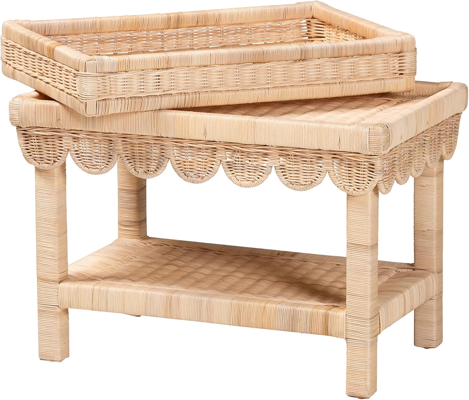 Bali & pari Weyman Scalloped Rattan End Table with Removable Tray Top - Handwoven Rattan Accent Table with Shelf, Coastal Boho Style Side Table for Living Room or Bedroom