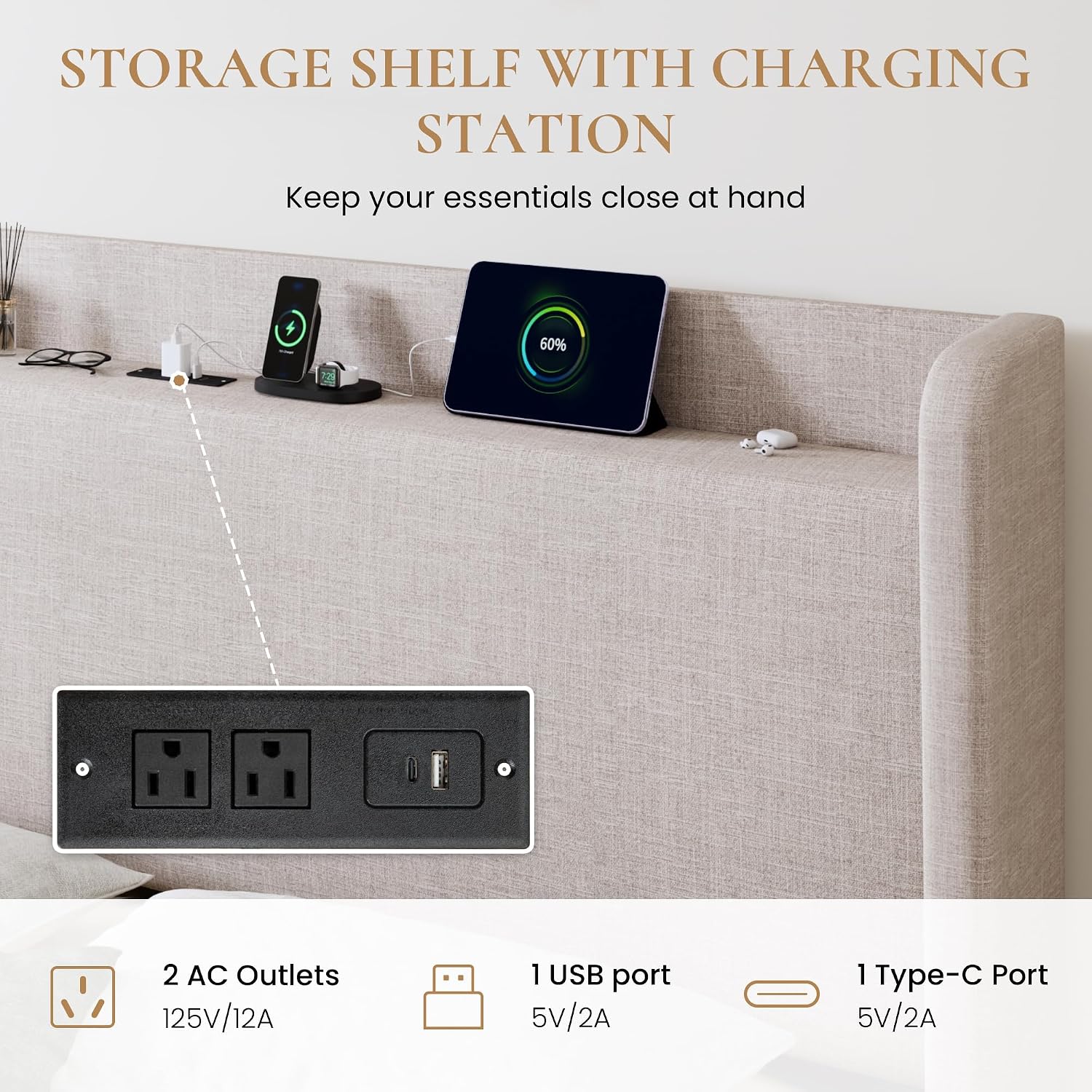 SHA CERLIN Queen Size Storage Bed Frame with 4 Oversized Drawers, Modern Wingback Headboard with Storage Shelf & Charging Station, No Box Spring Needed, Easy Assembly, Beige