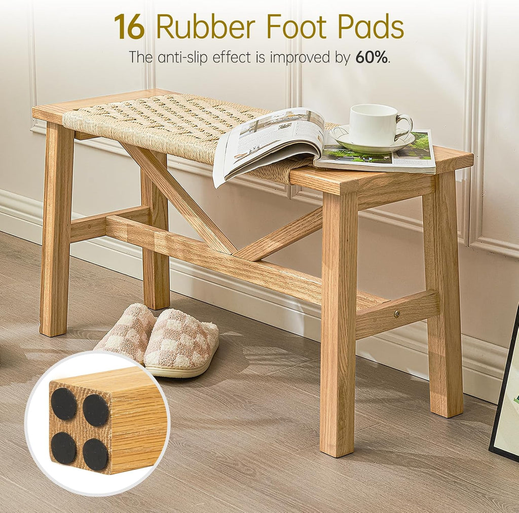 Solid Wood Narrow Bench, 33.46" Woven Bench for Entryway and Hallway, End of Bed Bench with Oak Frame, Boho Accent Bench - 500lbs Capacity (Natural White)
