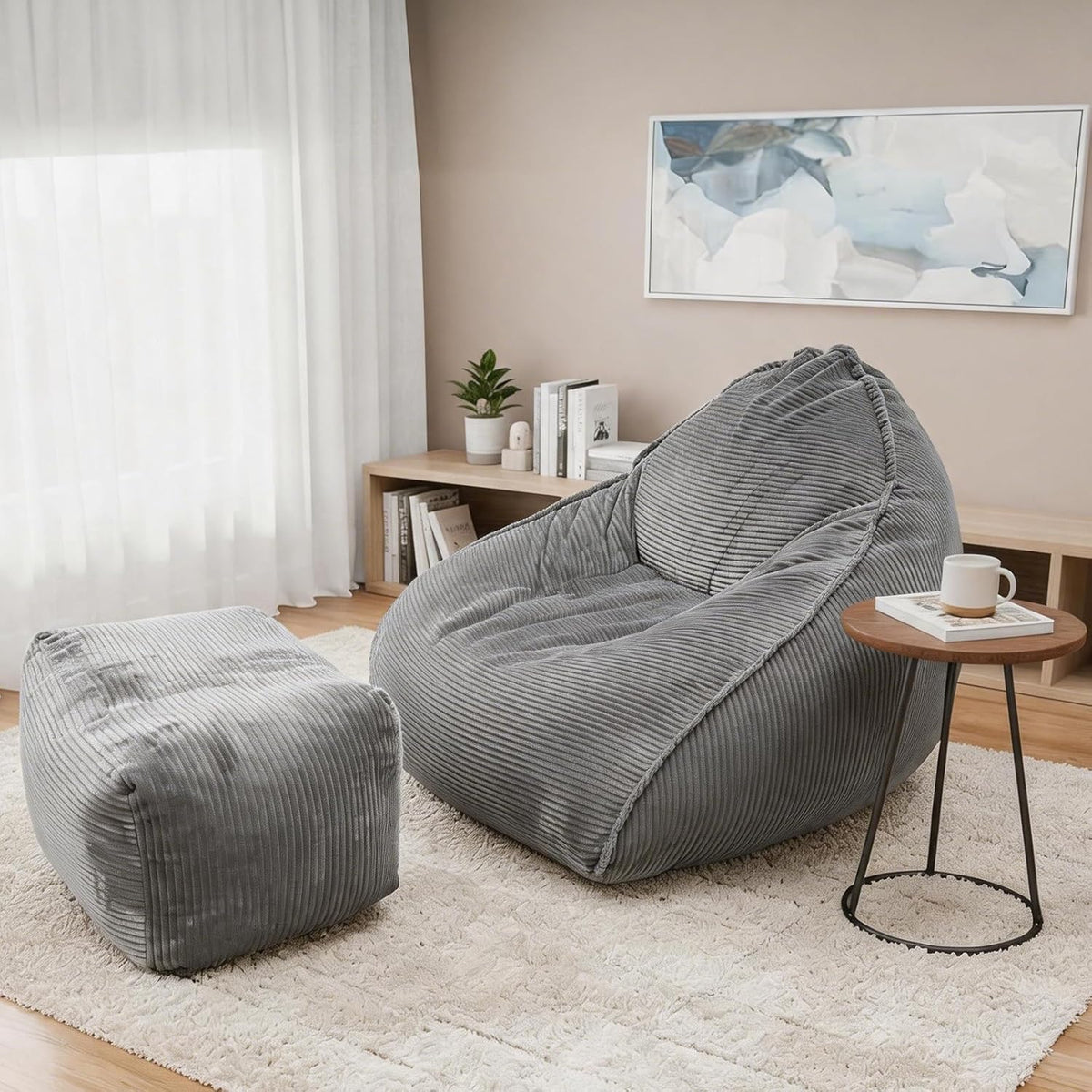 WHGBJA 4FT Bean Bag Chair for Adults/Kids with Ottoman,35D Memory Foam Filled,Cozy Fluffy Gaming Chair for Living Room, Bedroom(Grey)