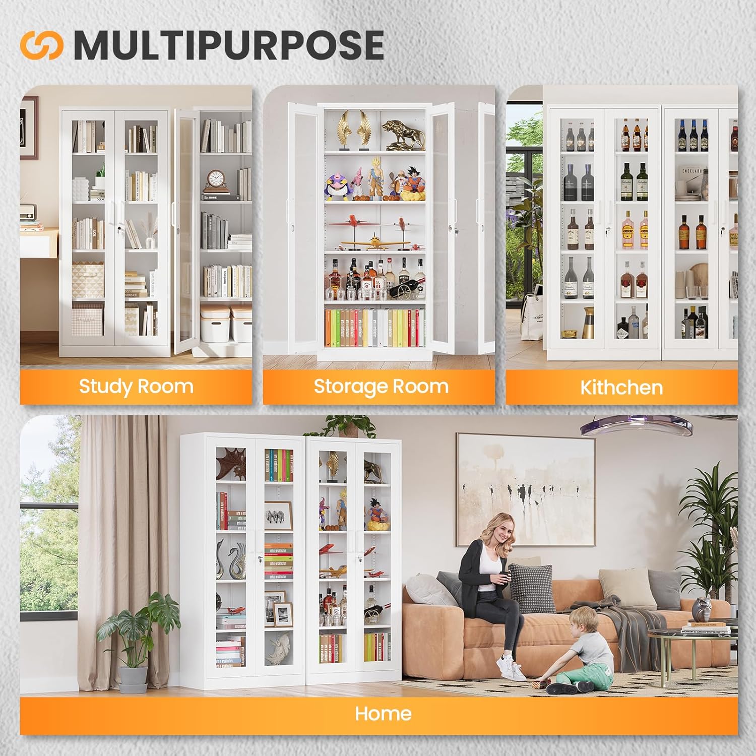 Locking Display Cabinet with Glass Door, 71”H Metal Curio Cabinets with Adjustable Shelves, White Liquor Caninet Display Case for Living Room, Collectibles, Clinic, Home - Assembly Required