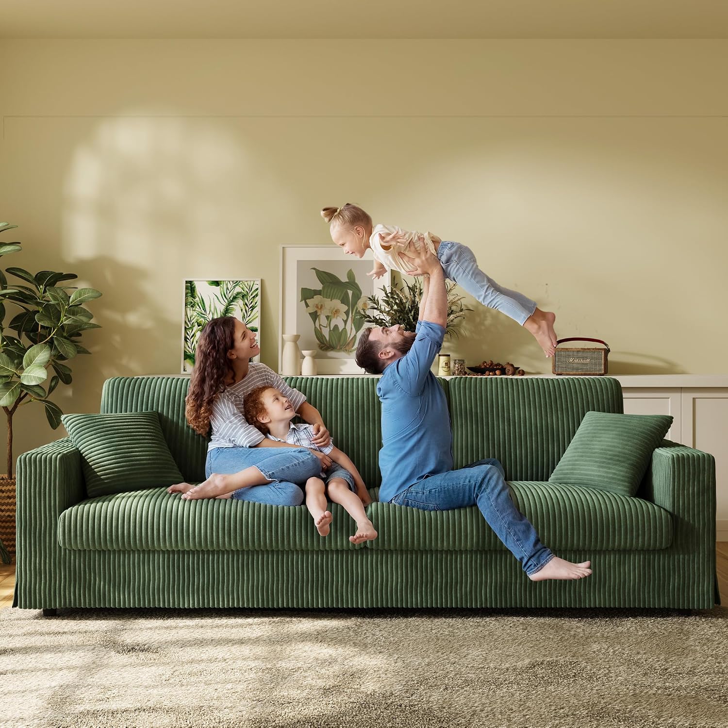 Welzona 101" Sofas for Living Room, Oversized Couch,Couches for Living Room | Comfy Corduroy Couch, Tool-Free Setup Sofa Couch, 6.3" Extra Wide Armrest, All-Wood Modern Couch For Bedroom, 2 Pillow, Green