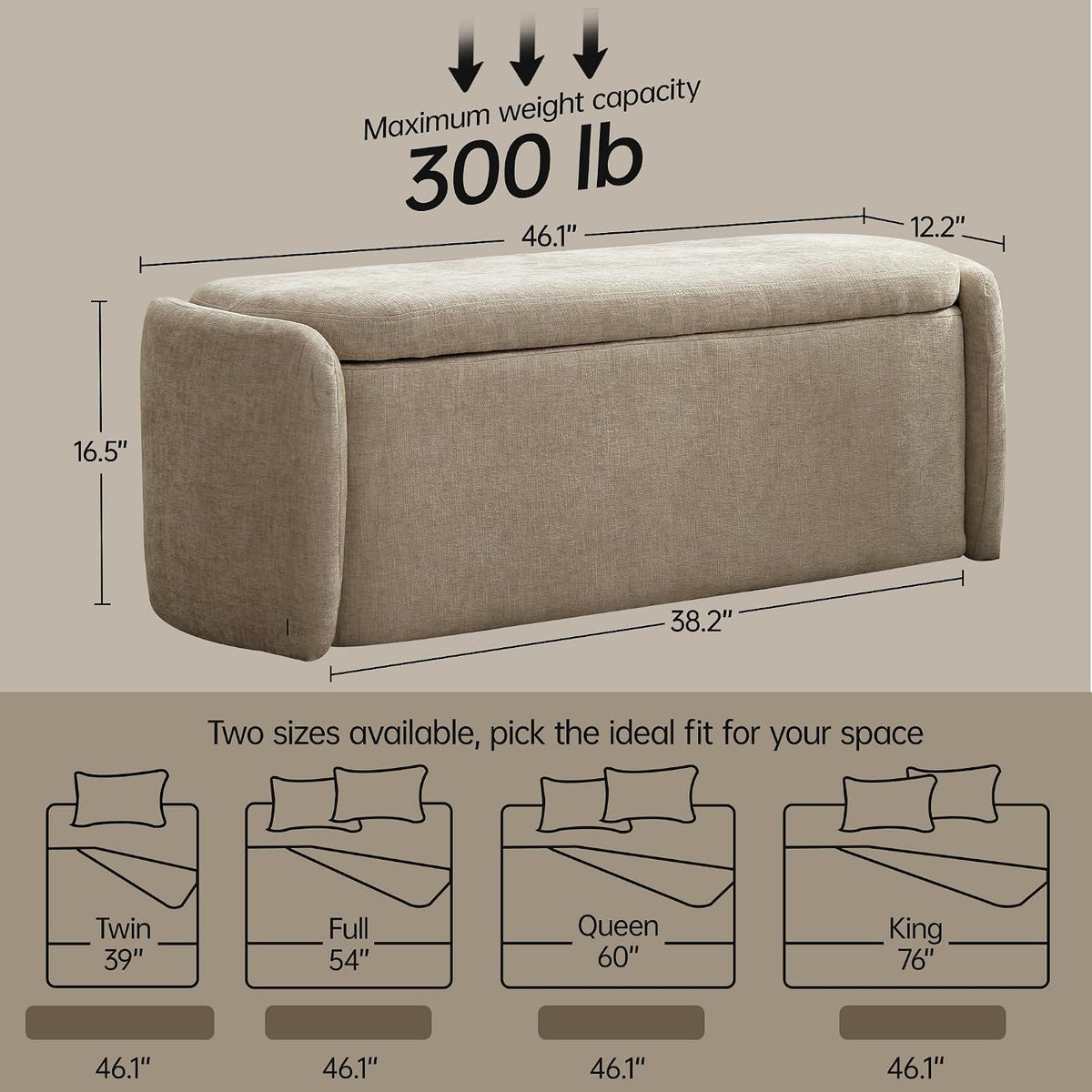 VKNOW Storage Bench, Upholstered Storage Ottoman Bench with Hinge, Khaki | Ottoman Bench with Large Capacity, Curved Frame, Soft Fabric, Storage Bench for Bedroom, Living Room, Entryway