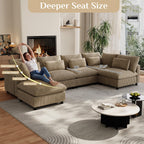 130" Oversized Cloud Couch Large Modular Sectional Sofa Modern U Shaped Sectional Couch 6 Deep Seat Sofa Set for Living Room Comfy Corduroy Cloud Sofa with Ottoman, USB Port, Cup Holder, Light Brown