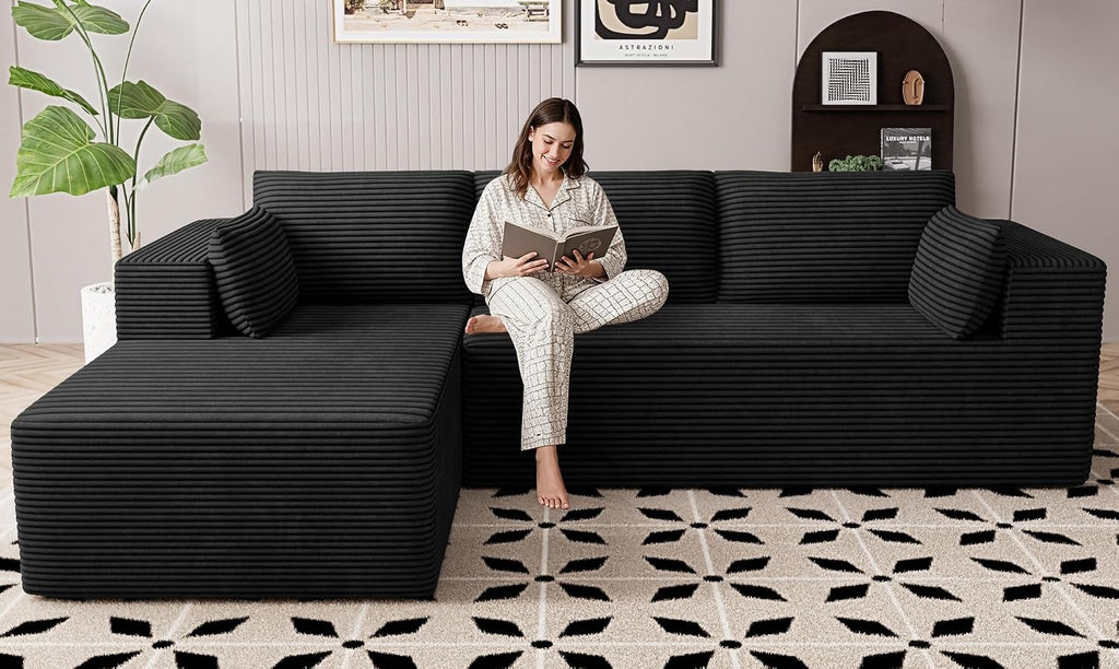 106" Cloud Sectional Couches for Living Room, Modular L Shaped Couch with Deep Seat Oversized Left Facing Chaise, Memory Foam Compressed Spineless 3 Seater Sofa for Bedroom Apartment, Black