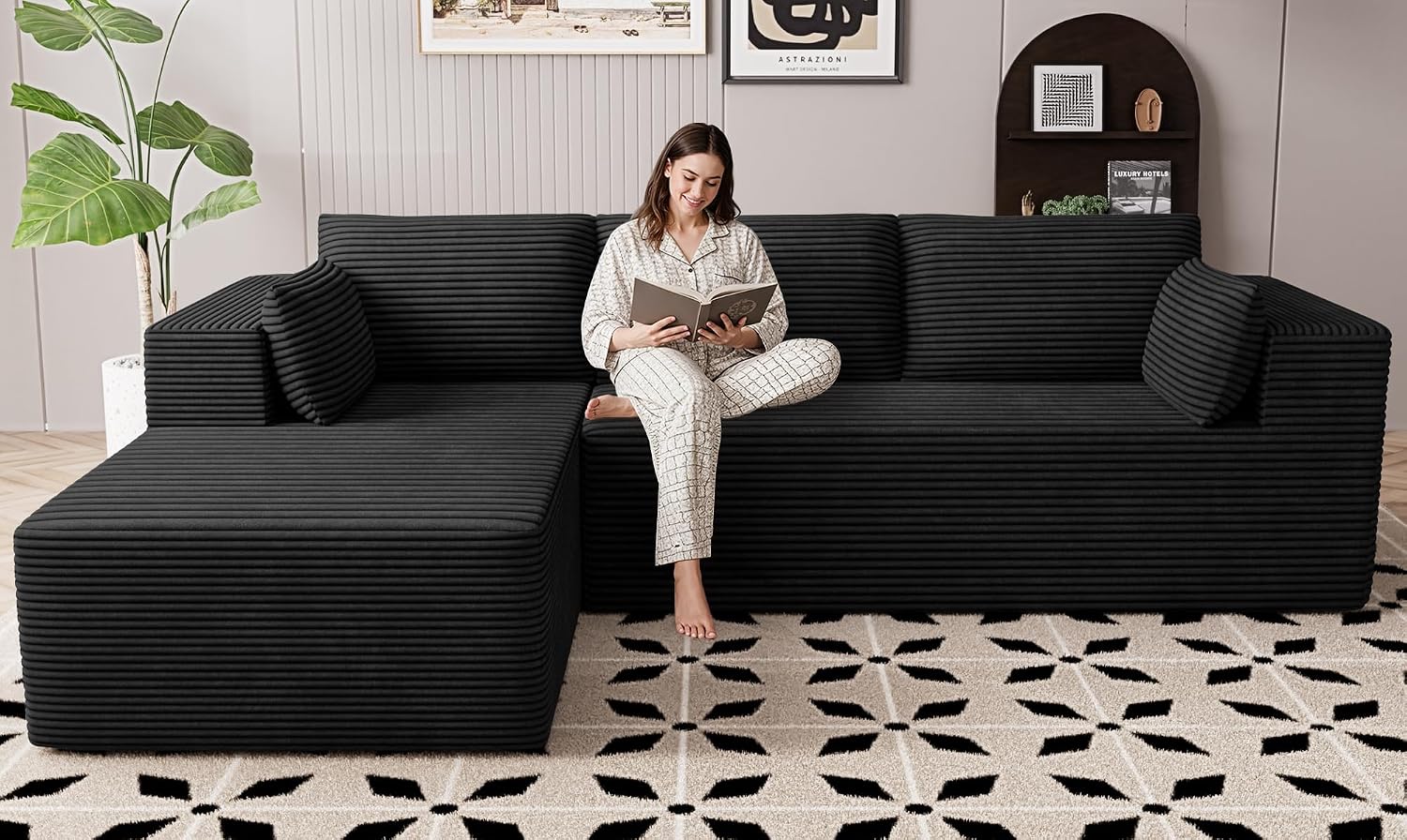 106" Cloud Sectional Couches for Living Room, Modular L Shaped Couch with Deep Seat Oversized Left Facing Chaise, Memory Foam Compressed Spineless 3 Seater Sofa for Bedroom Apartment, Black