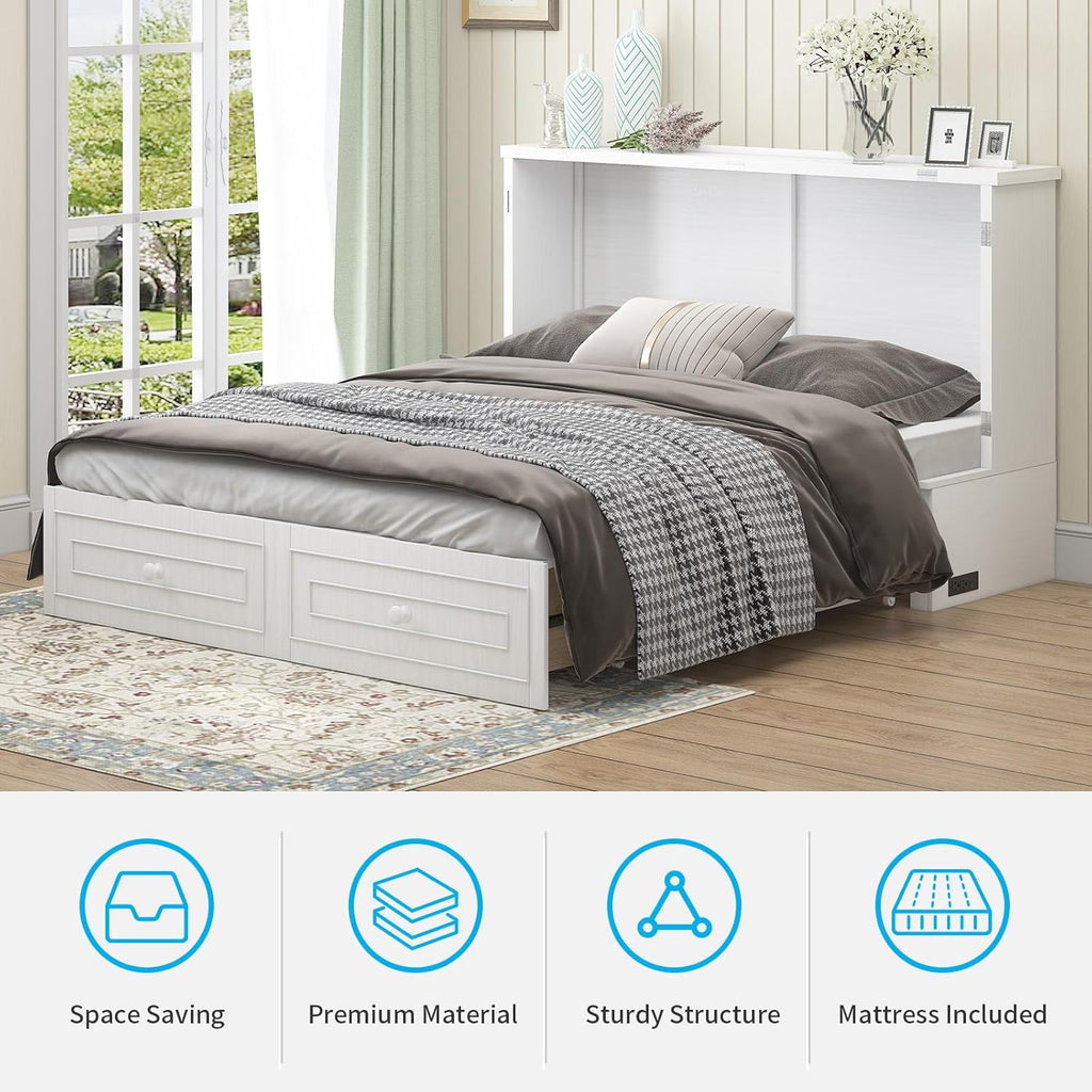 Mjkone Murphy Cabinet Bed Queen Size White No Mattress | with Tri-Folding Mattress, 2 Storage Drawers & USB Charging Station, Wooden Wall Chest Bed