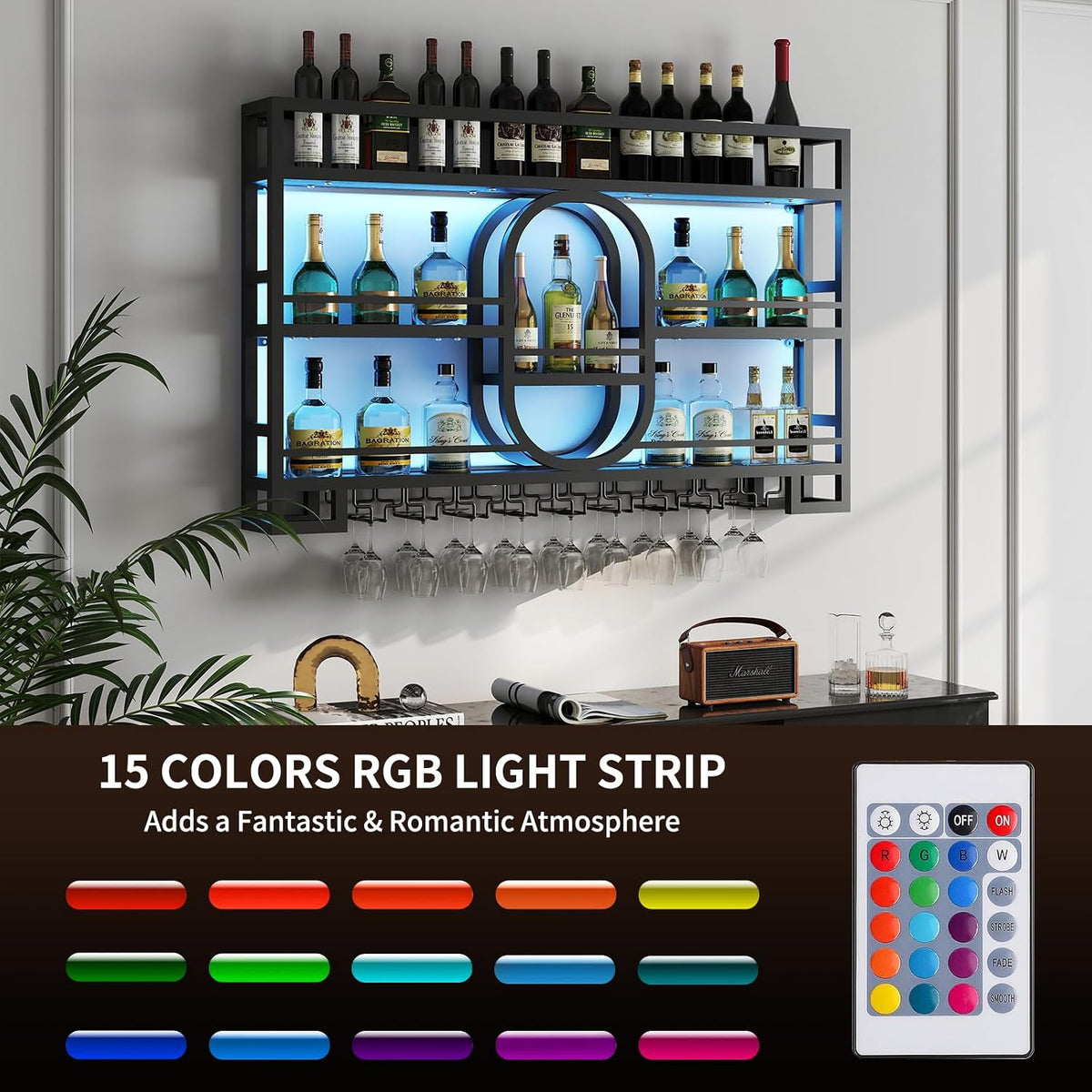 Boshen Fully Assembled 3-Tiers 47in Wine Rack Wall Mounted with LED Light | Floating Bar Shelves, Hanging Industrial Liquor Shelf, Wall-Mounted, Home, Bar, No Assembly Required, Glass Holder